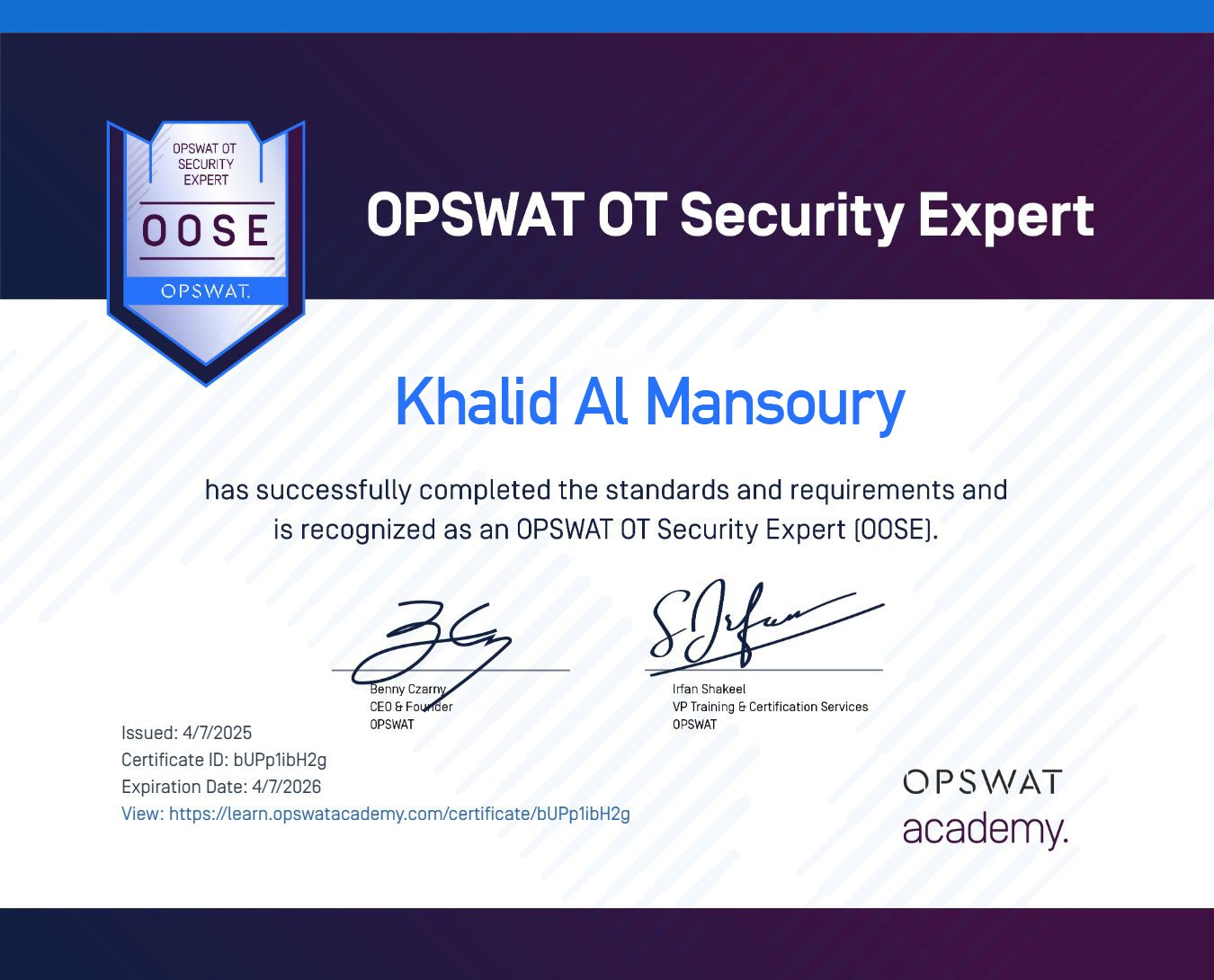 OOSE OPSWAT Certificate